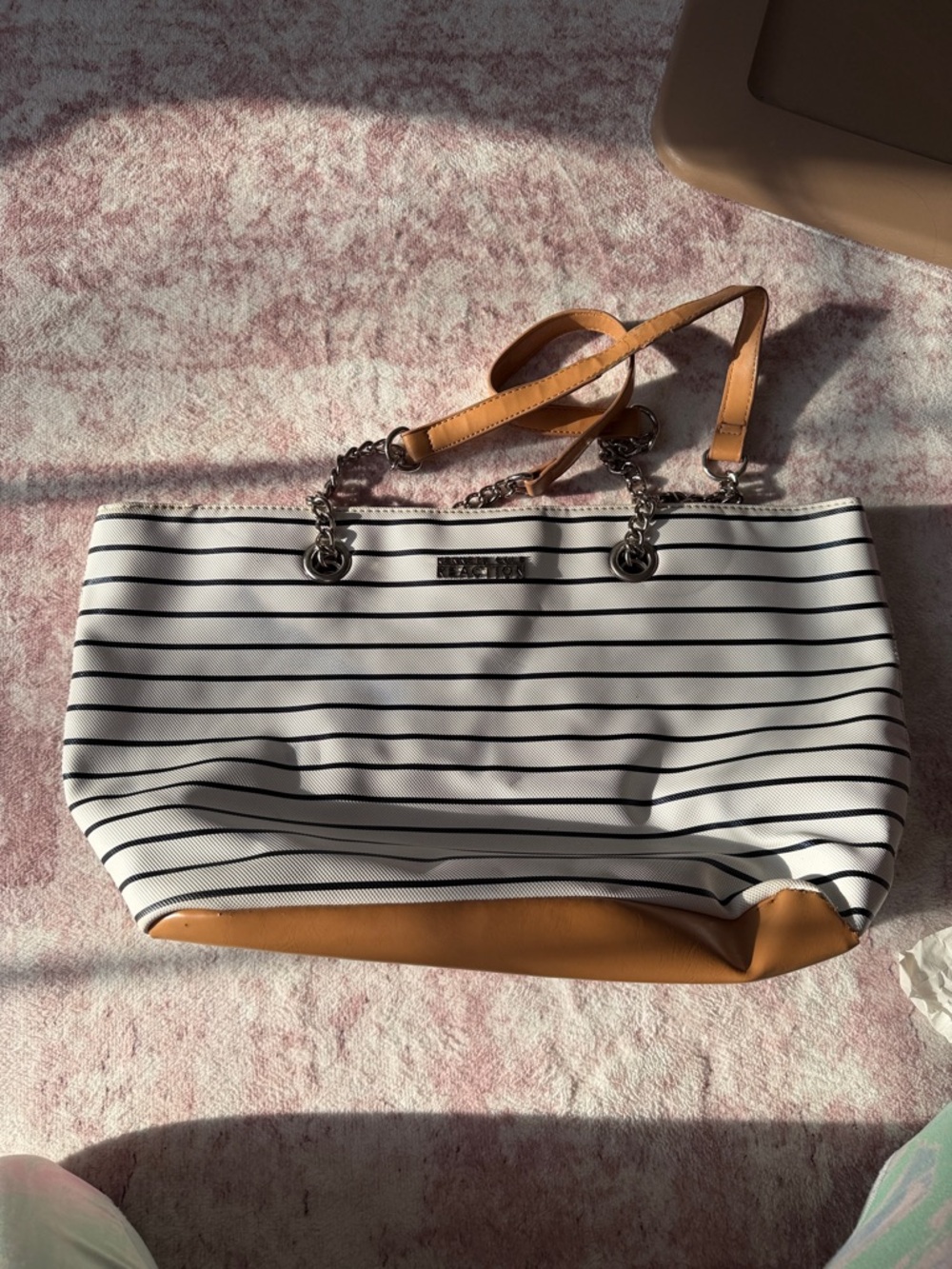 Kenneth Cole Reaction White and Navy Striped Tote with Tan Trim